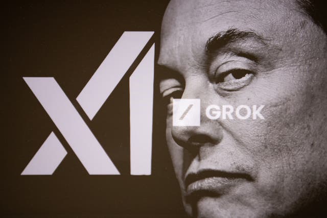 <p>A portrait of Elon Musk and a telephone displaying the grok artificial intelligence logo seen in Kerlouan in Brittany in France </p>