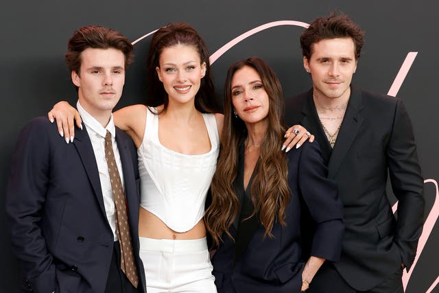 <p>Relative calm: Brooklyn Beckham (right) with brother Cruz, wife Nicola Peltz and mother Victoria in happier times, in February 2024</p>