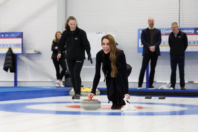 <p>The Princess of Wales takes part in curling as she meets with Team GB and Paralympics GB members (Russell Cheyne/PA)</p>