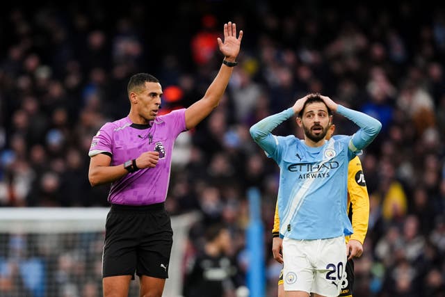 Referee Farai Hallam makes decided not to give a penalty (Martin Rickett/PA)