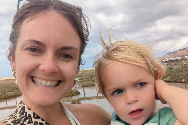 <p>Mari and her chid, E, went to Fuerteventura for  their first holiday abroad</p>
