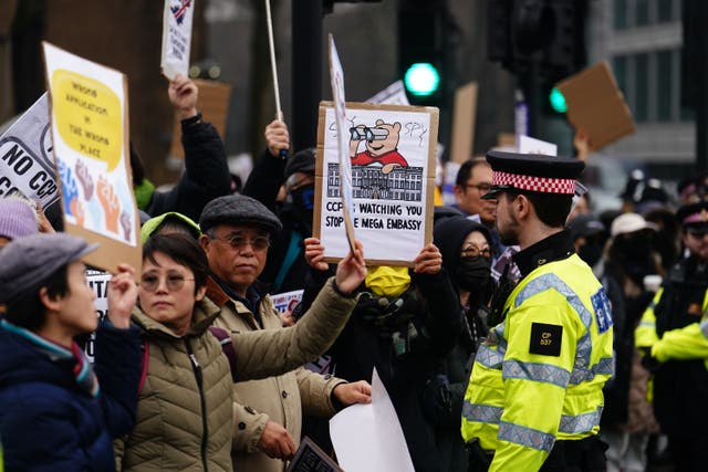 <p>People protest outside the proposed site of the new Chinese embassy in London</p>
